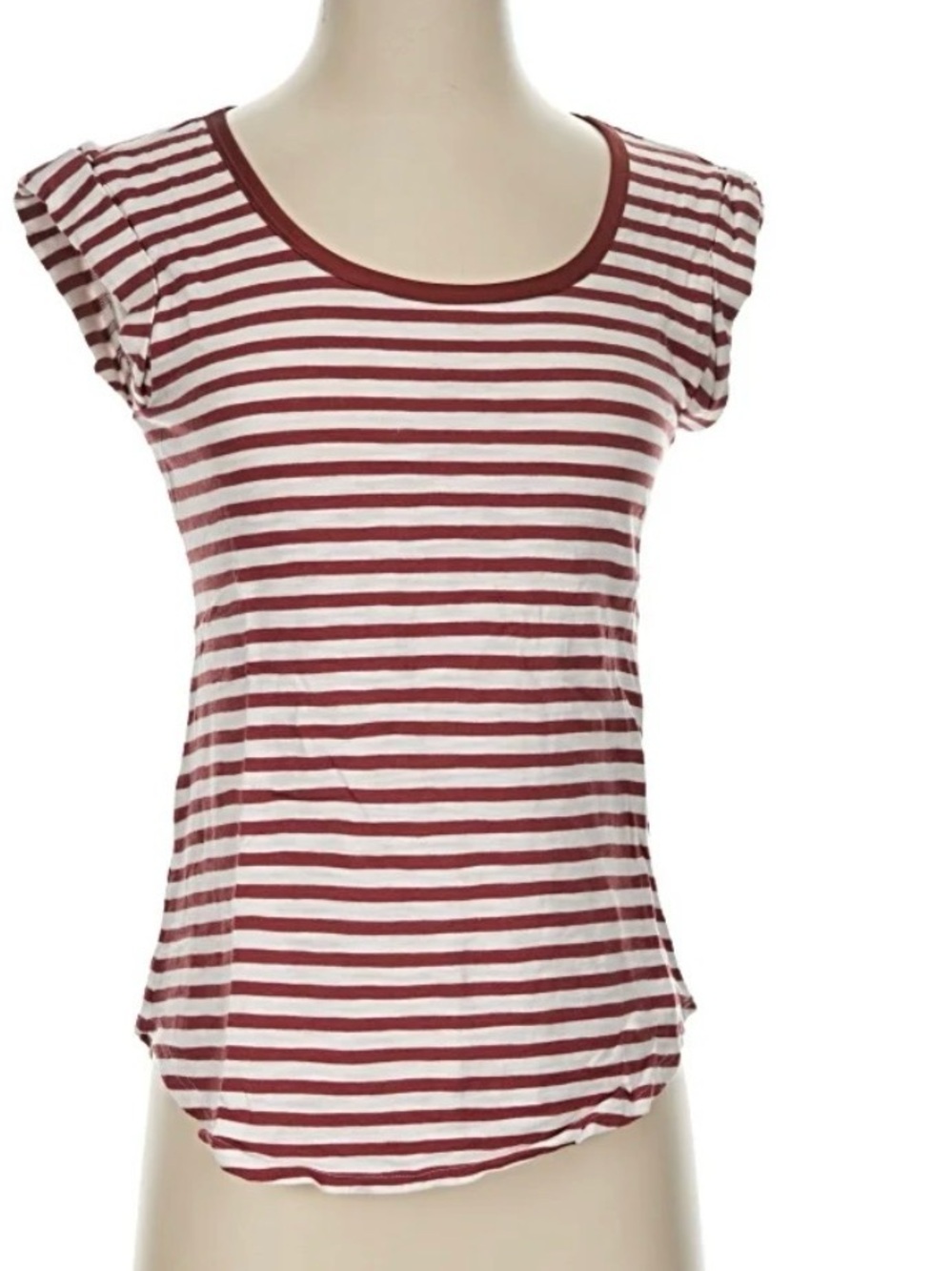 WHBM Striped Scoop Neck Top in Rust White Cuffed Sleeves Back Center Seam XS